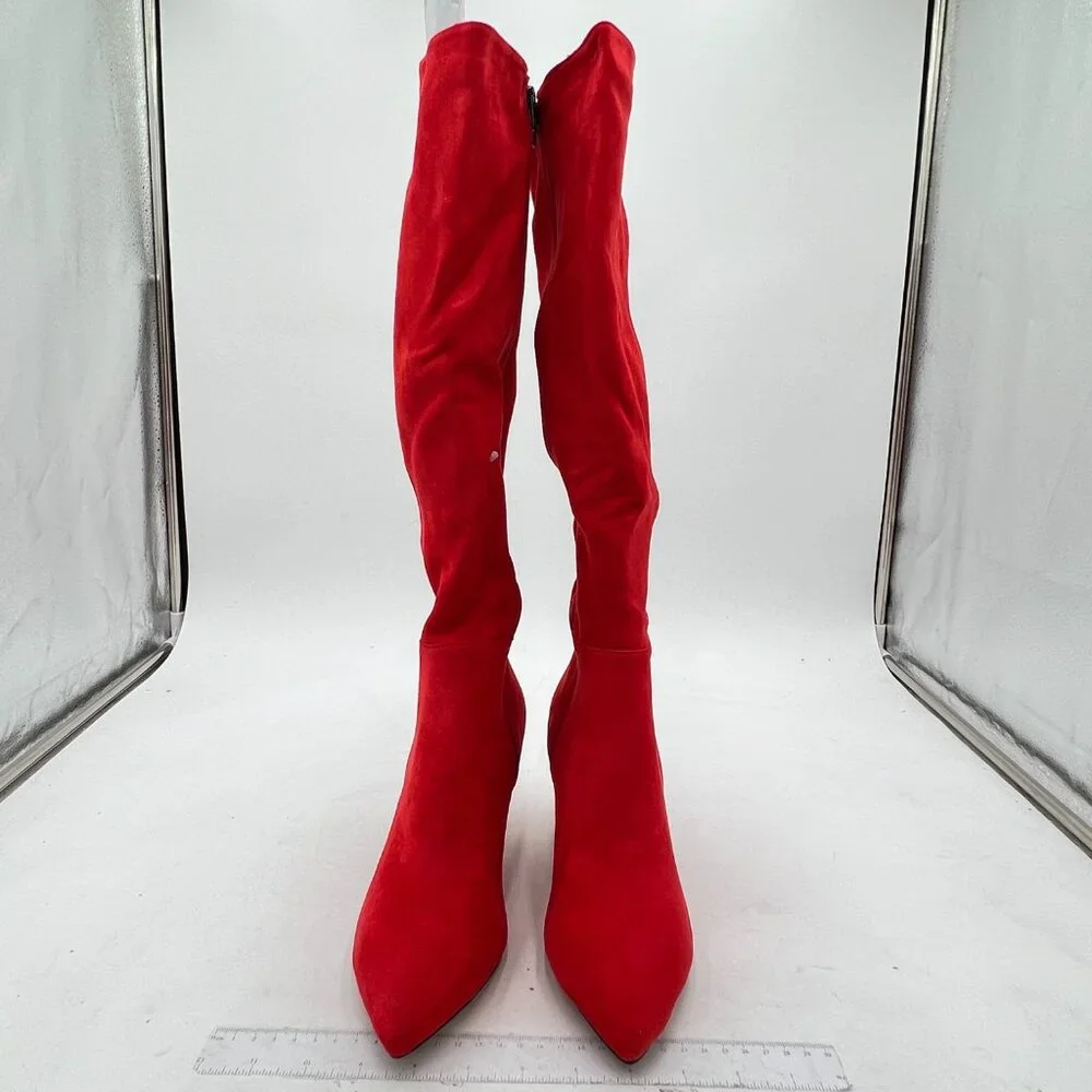 Red Suede Pointed Toe Over The Knee Boot Side Zip Mid Heel Thigh High Boots